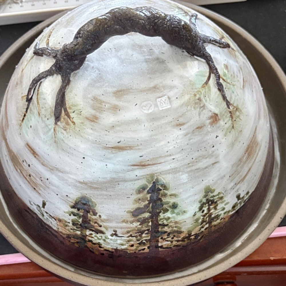 Rustic Woodland HandPainted Ceramic Plate And Dome From 1960’s
